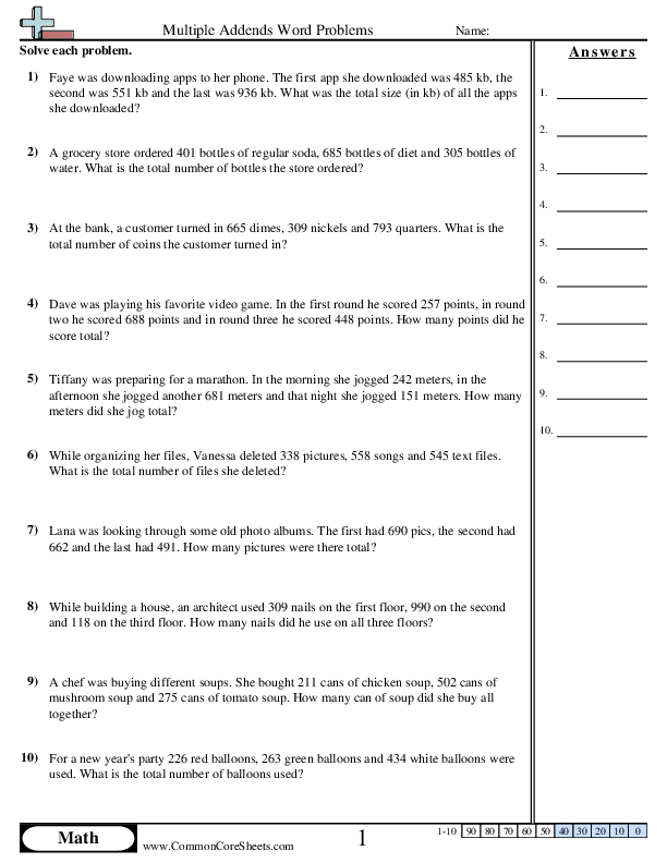 Multiple Addends (3 Digits) Word worksheet